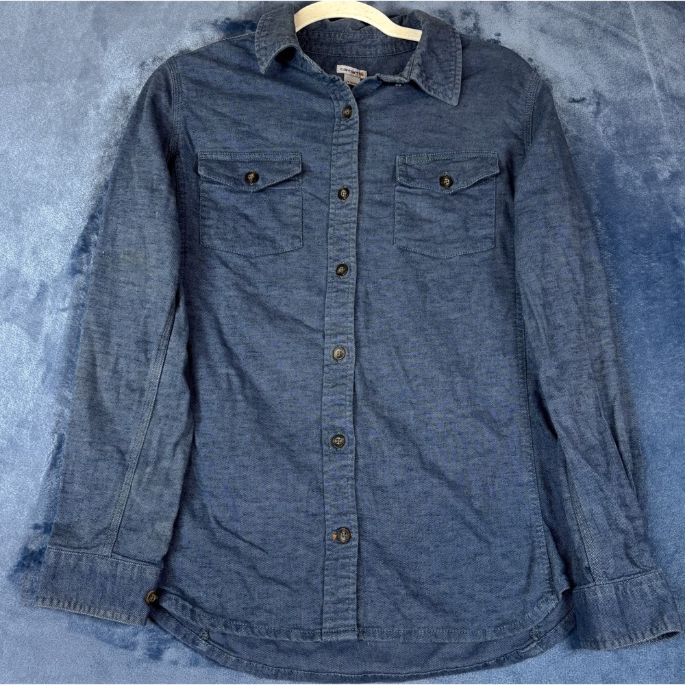 Carhartt Womens Chambray Button Up Shirt Blue Relaxed Fit Long Sleeve Pocket S